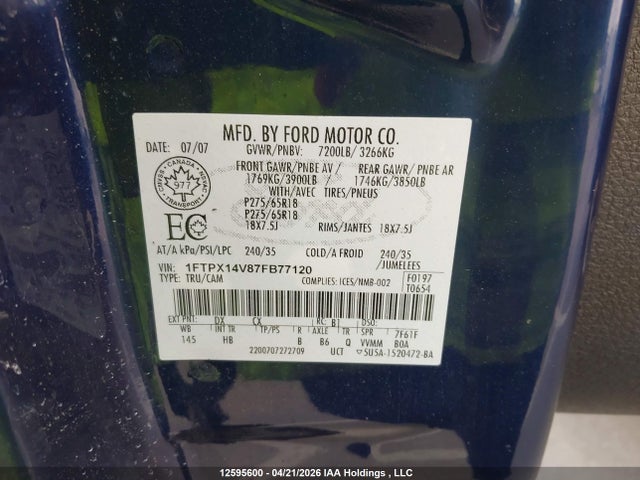 Продажа на аукционе авто 2007 Ford F150, vin: 1FTPX14V87FB77120, номер лота: 12595600