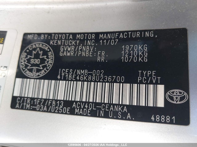 Продажа на аукционе авто 2008 Toyota Camry Le, vin: 4T1BE46K88U236700, номер лота: 12595606