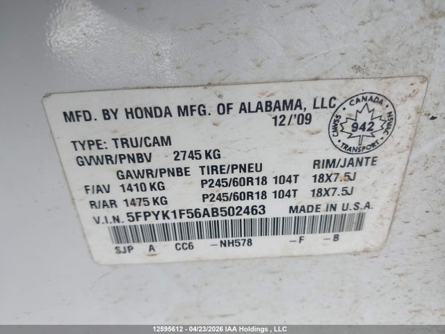Продажа на аукционе авто 2010 Honda Ridgeline Rtl, vin: 5FPYK1F56AB502463, номер лота: 12595612