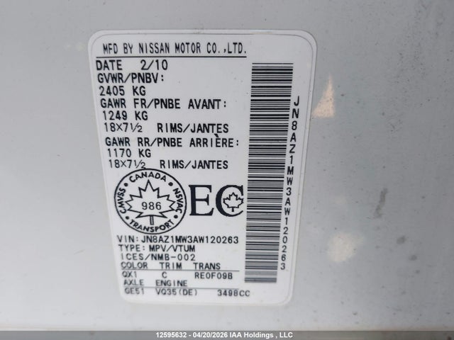 Продажа на аукционе авто 2010 Nissan Murano Sl, vin: JN8AZ1MW3AW120263, номер лота: 12595632