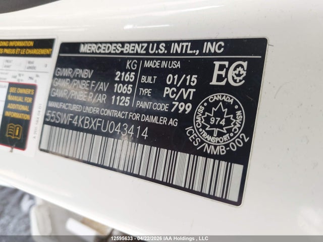 Продажа на аукционе авто 2015 Mercedes-benz C 300 4matic, vin: 55SWF4KBXFU043414, номер лота: 12595633