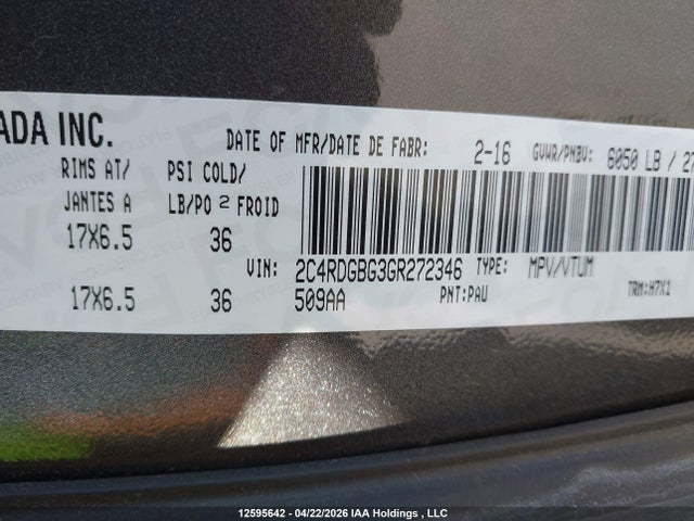 2016 Dodge Grand Caravan Se/sxt მანქანა იყიდება აუქციონზე, vin: 2C4RDGBG3GR272346, აუქციონის ნომერი: 12595642