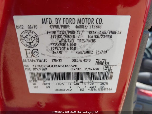 12595643 :رقم المزاد ، 1FMCU9DG3AKD35526 vin ، 2010 Ford Escape Xlt مزاد بيع