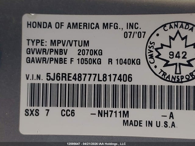 Aukcja sprzedaży 2007 Honda Cr-v Exl, vin: 5J6RE48777L817406, numer aukcji: 12595647