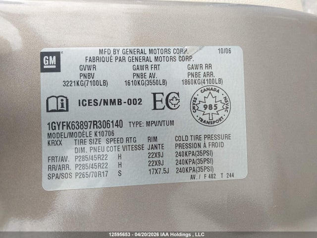 Aukcja sprzedaży 2007 Cadillac Escalade Luxury, vin: 1GYFK63897R306140, numer aukcji: 12595653