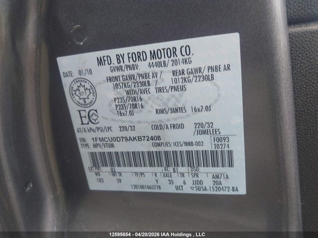 Продажа на аукционе авто 2010 Ford Escape Xlt, vin: 1FMCU0D79AKB72408, номер лота: 12595654