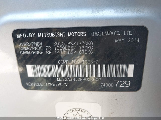 Продаж на аукціоні авто 2015 Mitsubishi Mirage Es, vin: ML32A3HJ2FH000602, номер лоту: 12595661