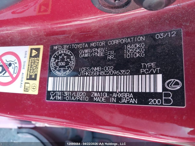 12595664 :رقم المزاد ، JTHKD5BH8C2096352 vin ، 2012 Lexus Yuh M,k B مزاد بيع