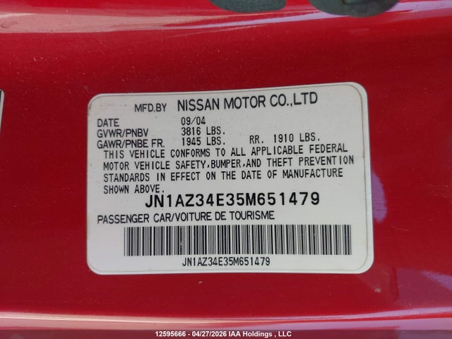 2005 Nissan 350z Coupe მანქანა იყიდება აუქციონზე, vin: JN1AZ34E35M651479, აუქციონის ნომერი: 12595666