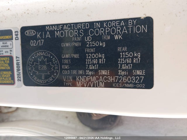 2017 Kia Sportage Lx მანქანა იყიდება აუქციონზე, vin: KNDPMCAC3H7260327, აუქციონის ნომერი: 12595667
