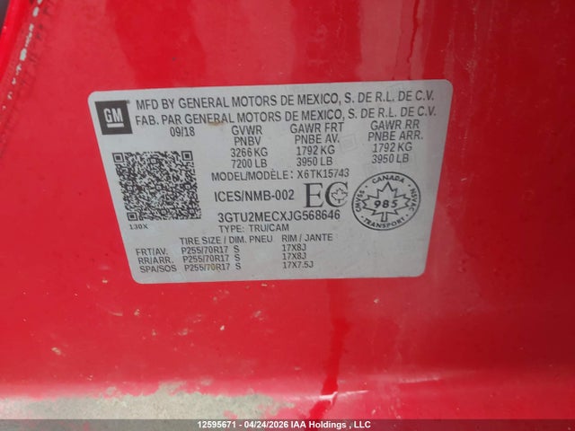 Aukcja sprzedaży 2018 Gmc Sierra K1500 Sle, vin: 3GTU2MECXJG568646, numer aukcji: 12595671