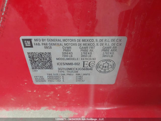Aukcja sprzedaży 2018 Gmc Sierra K1500 Sle, vin: 3GTU2MECXJG568646, numer aukcji: 12595671