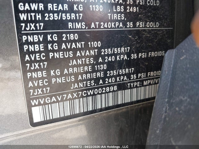 2012 Volkswagen Tiguan S/se/sel მანქანა იყიდება აუქციონზე, vin: WVGAV7AX7CW002898, აუქციონის ნომერი: 12595672