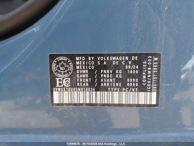 2025 Volkswagen Jetta Comfortline მანქანა იყიდება აუქციონზე, vin: 3VWSX7BU6SM016634, აუქციონის ნომერი: 12595676