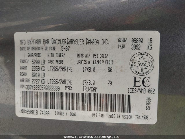 12595678 :رقم المزاد ، 3D7KS28D57G822830 vin ، 2007 Dodge Ram 2500 St/slt مزاد بيع