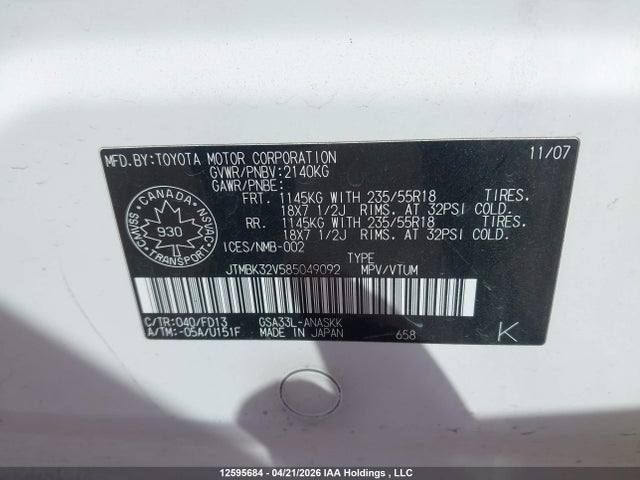 12595684 :رقم المزاد ، JTMBK32V585049092 vin ، 2008 Toyota Rav4 Sport V6 مزاد بيع