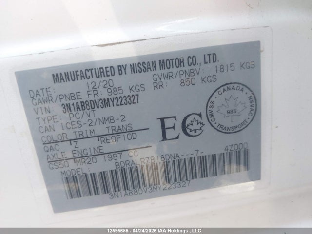 2021 Nissan Sentra Sr მანქანა იყიდება აუქციონზე, vin: 3N1AB8DV3MY223327, აუქციონის ნომერი: 12595685