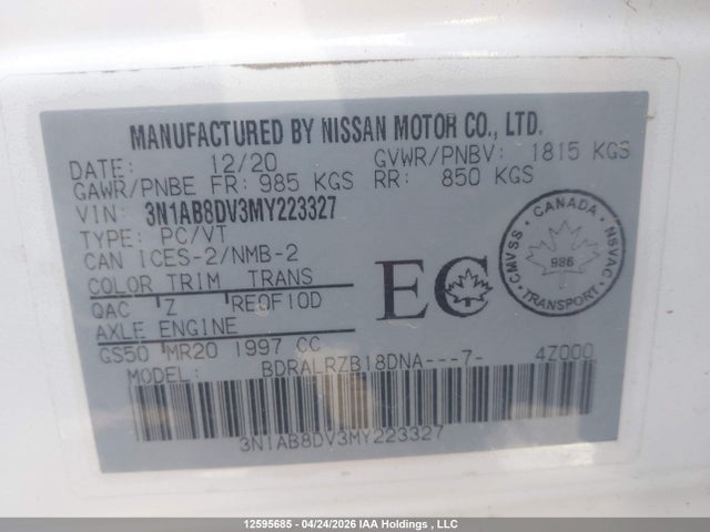 2021 Nissan Sentra Sr მანქანა იყიდება აუქციონზე, vin: 3N1AB8DV3MY223327, აუქციონის ნომერი: 12595685