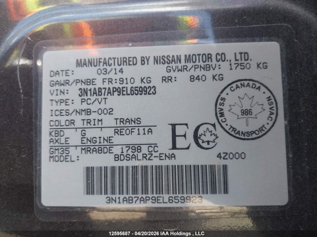3N1AB7AP9EL659923 Nissan Sentra 1.8 S/1.8 Sl/1.8 Sr/1.8 Sv