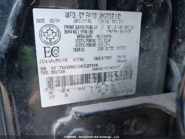 12595689 :رقم المزاد ، 1FT7W2B6XGEC27316 vin ، 2016 Ford F250 Super Duty مزاد بيع