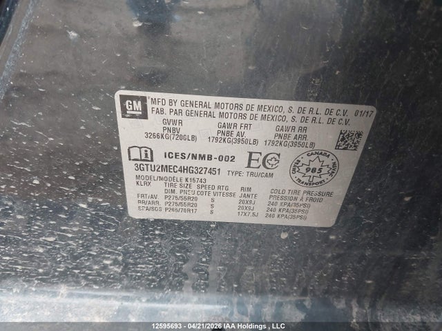 12595693 :رقم المزاد ، 3GTU2MEC4HG327451 vin ، 2017 Gmc Sierra K1500 Sle مزاد بيع