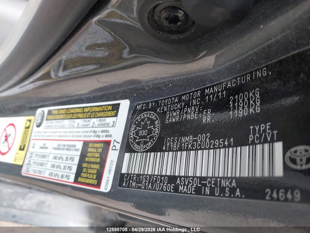 Aukcja sprzedaży 2012 Toyota Camry Le, vin: 4T1BF1FK3CU029541, numer aukcji: 12595705