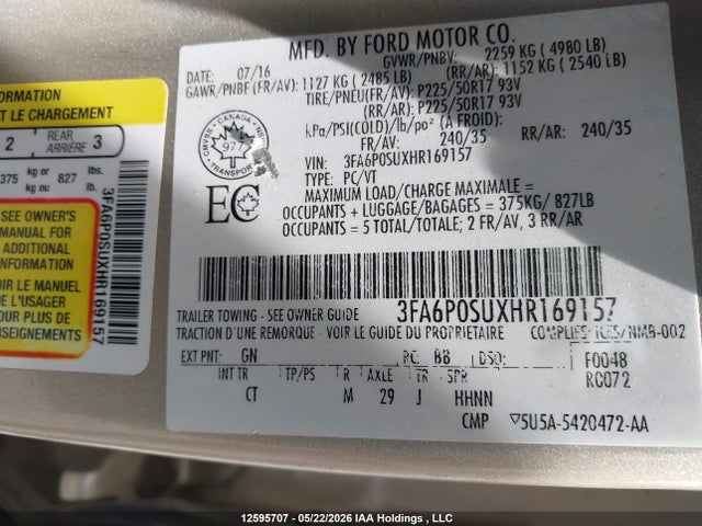 2017 Ford Fusion Energi Titanium მანქანა იყიდება აუქციონზე, vin: 3FA6P0SUXHR169157, აუქციონის ნომერი: 12595707