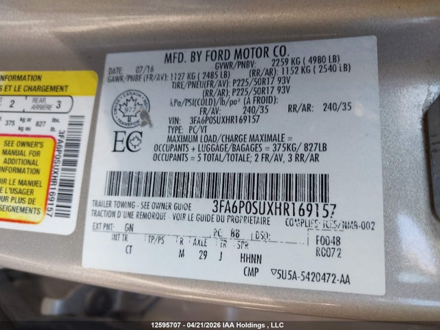 2017 Ford Fusion Energi Titanium მანქანა იყიდება აუქციონზე, vin: 3FA6P0SUXHR169157, აუქციონის ნომერი: 12595707
