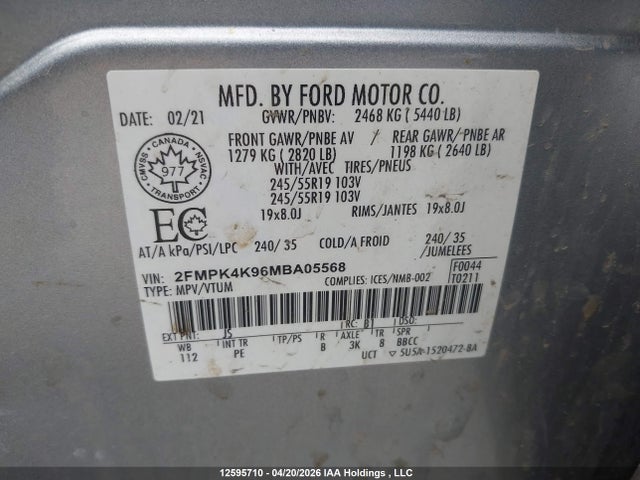 2021 Ford Edge Titanium მანქანა იყიდება აუქციონზე, vin: 2FMPK4K96MBA05568, აუქციონის ნომერი: 12595710