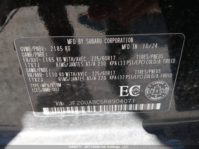 Aukcja sprzedaży 2024 Subaru Crosstrek Convenience, vin: JF2GUABC5R8904071, numer aukcji: 12595711