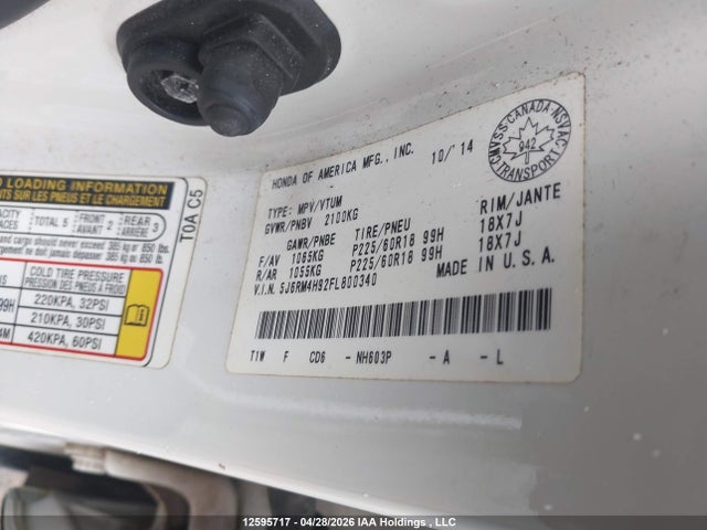 Aukcja sprzedaży 2015 Honda Cr-v Touring, vin: 5J6RM4H92FL800340, numer aukcji: 12595717