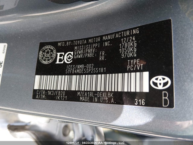 2025 Toyota Corolla მანქანა იყიდება აუქციონზე, vin: 5YFB4MDE5SP255181, აუქციონის ნომერი: 12595731