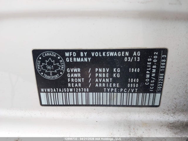 Aukcja sprzedaży 2013 Volkswagen Golf, vin: WVWDA7AJ5DW129708, numer aukcji: 12595733