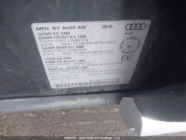 12595741 :رقم المزاد ، WA1AAAFY3M2010398 vin ، 2021 Audi Q5 45 Komfort مزاد بيع