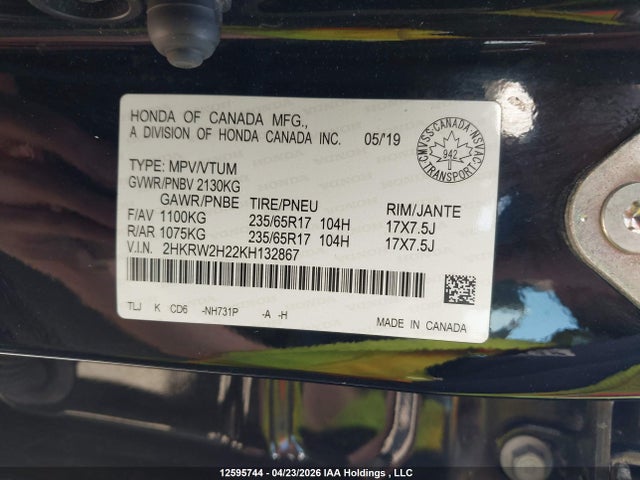 12595744 :رقم المزاد ، 2HKRW2H22KH132867 vin ، 2019 Honda Cr-v Lx مزاد بيع