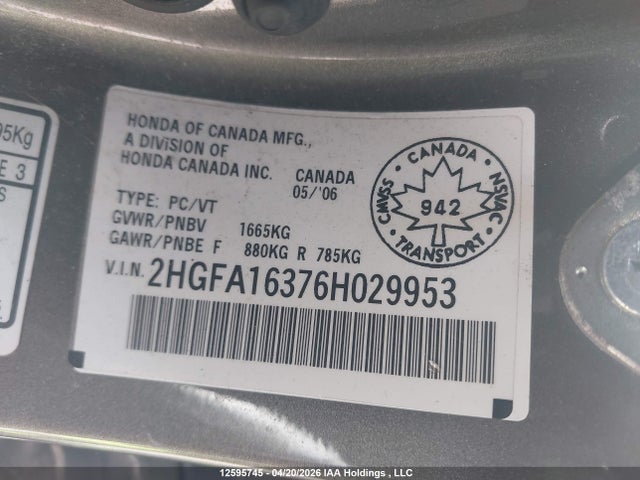 Aukcja sprzedaży 2006 Honda Civic Dx Vp, vin: 2HGFA16376H029953, numer aukcji: 12595745