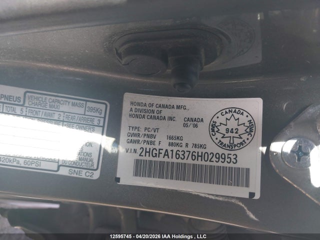 Aukcja sprzedaży 2006 Honda Civic Dx Vp, vin: 2HGFA16376H029953, numer aukcji: 12595745