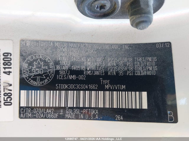 2012 Toyota Sienna Xle 7 Passenger მანქანა იყიდება აუქციონზე, vin: 5TDDK3DC3CS041662, აუქციონის ნომერი: 12595747