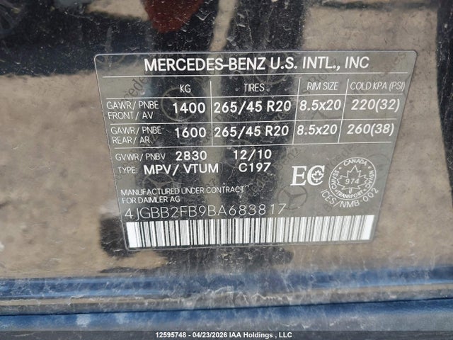 12595748 :رقم المزاد ، 4JGBB2FB9BA683817 vin ، 2011 Mercedes-benz Ml 350 Bluetec 4matic مزاد بيع