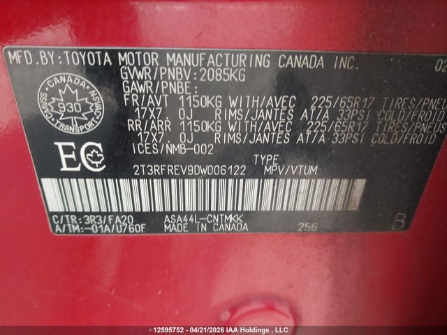 2013 Toyota Rav4 Xle მანქანა იყიდება აუქციონზე, vin: 2T3RFREV9DW006122, აუქციონის ნომერი: 12595752