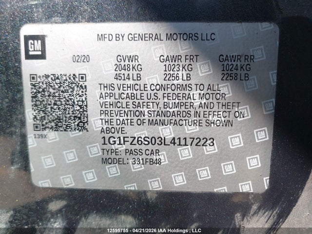 1G1FZ6S03L4117223 Chevrolet Bolt Ev Premier