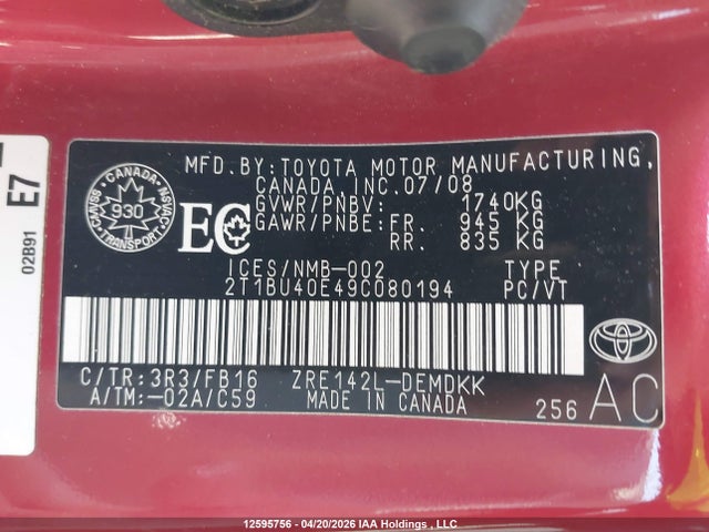 2009 Toyota Corolla S/le/xle მანქანა იყიდება აუქციონზე, vin: 2T1BU40E49C080194, აუქციონის ნომერი: 12595756