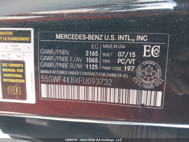 Aukcja sprzedaży 2015 Mercedes-benz C 300 4matic, vin: 55SWF4KBXFU093732, numer aukcji: 12595757