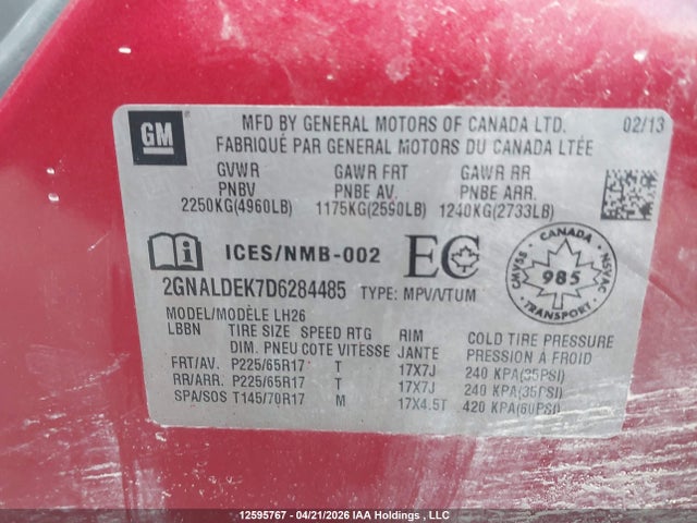2013 Chevrolet Equinox Lt მანქანა იყიდება აუქციონზე, vin: 2GNALDEK7D6284485, აუქციონის ნომერი: 12595767