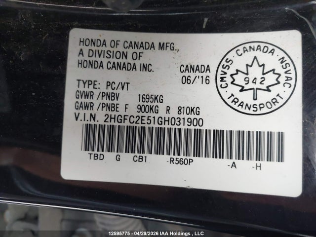 12595775 :رقم المزاد ، 2HGFC2E51GH031900 vin ، 2016 Honda Civic Lx مزاد بيع