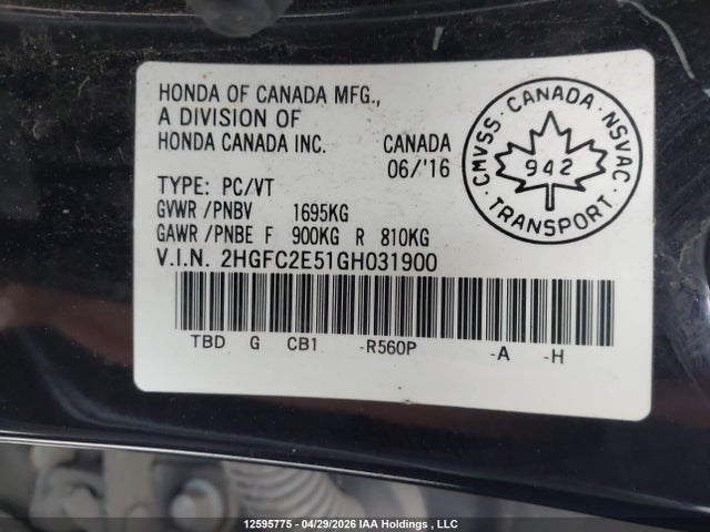 12595775 :رقم المزاد ، 2HGFC2E51GH031900 vin ، 2016 Honda Civic Lx مزاد بيع