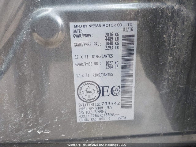 5N1AT2MT1GC793342 Nissan Rogue S/sl/sv
