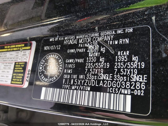 2013 Hyundai Santa Fe Sport მანქანა იყიდება აუქციონზე, vin: 5XYZUDLA2DG038286, აუქციონის ნომერი: 12595779