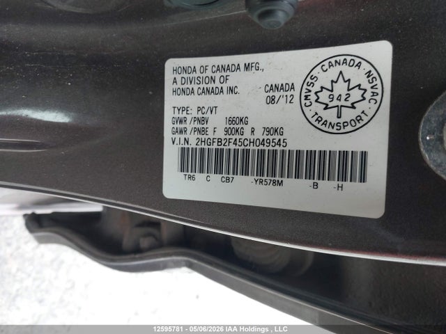 2012 Honda Civic Lx მანქანა იყიდება აუქციონზე, vin: 2HGFB2F45CH049545, აუქციონის ნომერი: 12595781