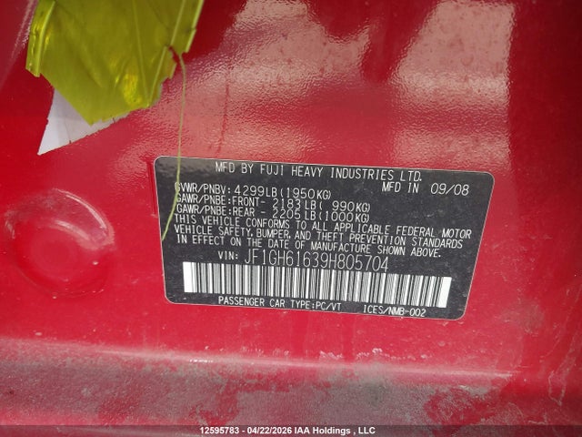 12595783 :رقم المزاد ، JF1GH61639H805704 vin ، 2009 Subaru Impreza 2.5i مزاد بيع